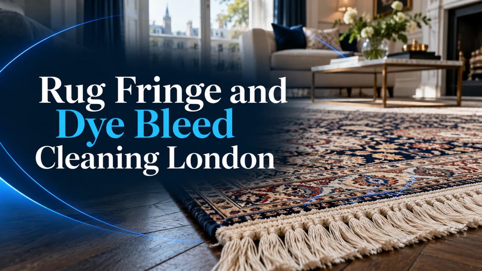 Rug fringe and dye bleed cleaning London guide: intact pale fringe on a patterned rug, with a navy and blue title panel