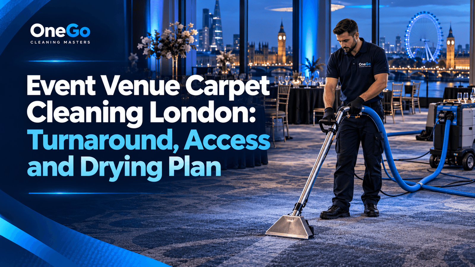 Professional OneGo technician cleaning carpet in a London event venue after an event.