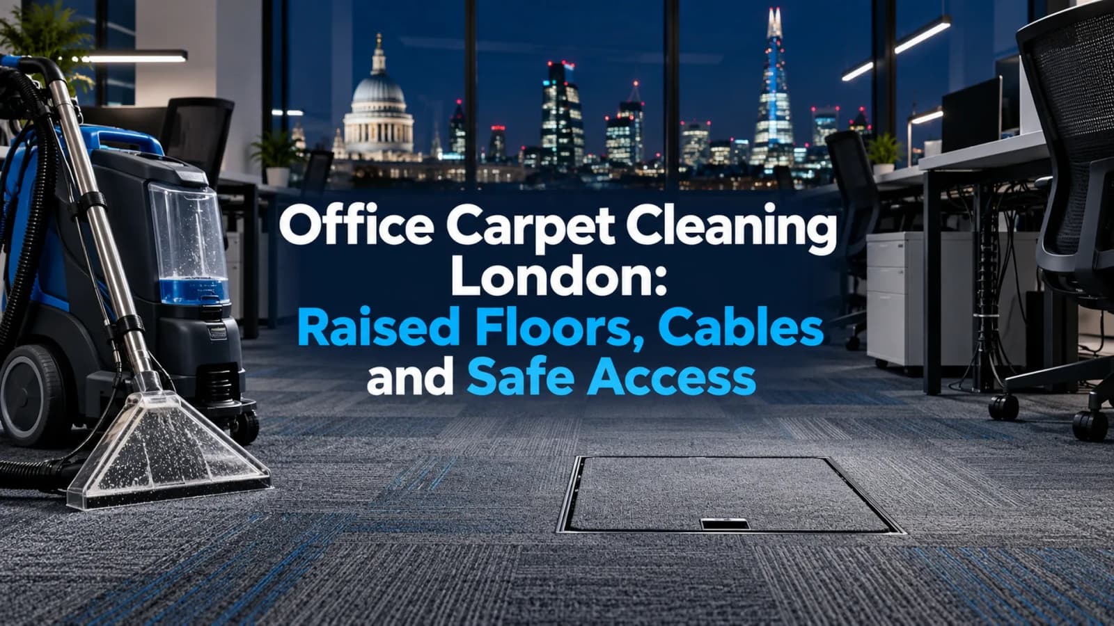 Office carpet cleaning London cover showing carpet tiles, a closed access-floor panel and neatly arranged desk cables