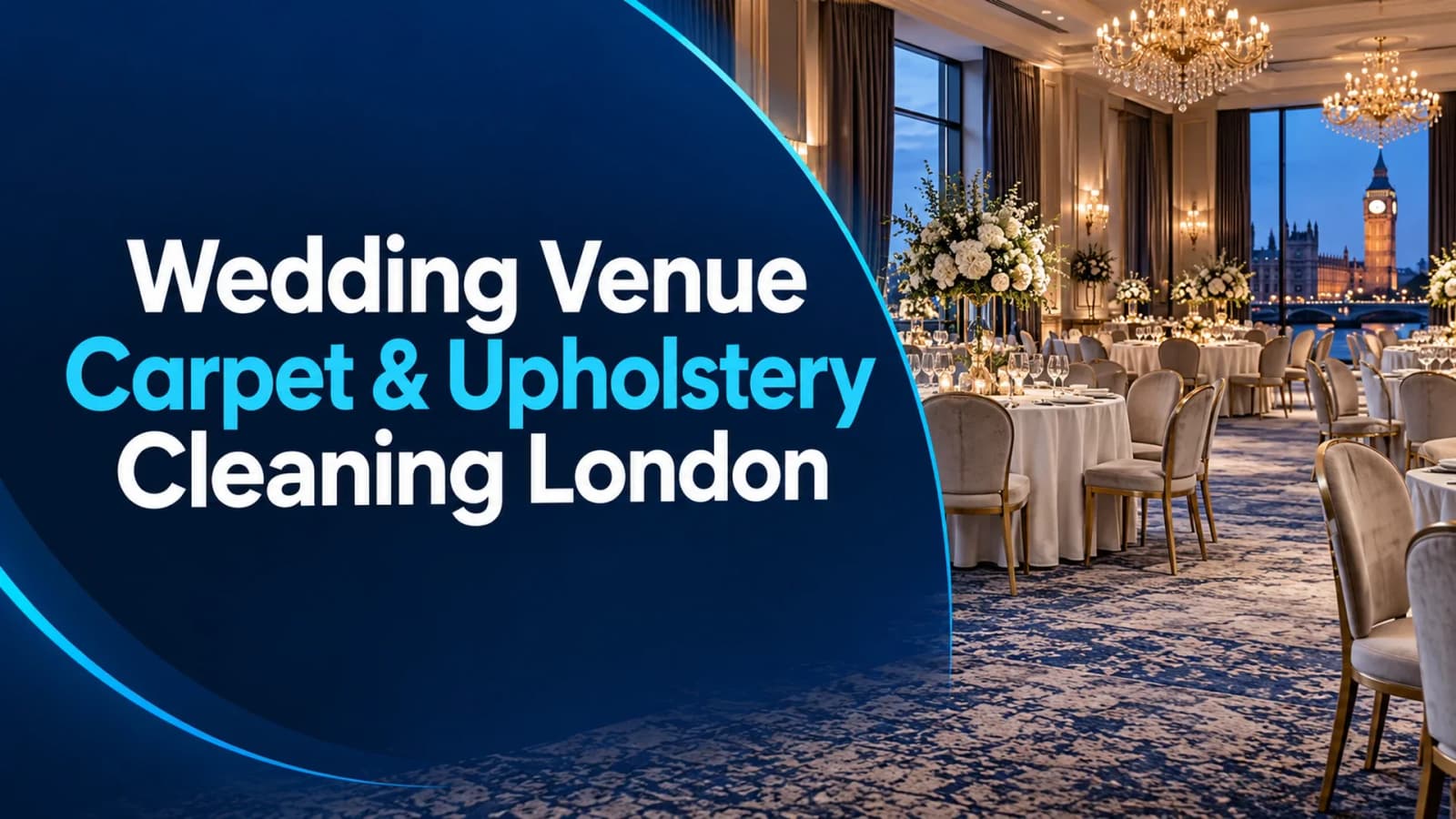 Wedding venue cleaning London illustration: carpet and upholstered chairs in a reception room with a navy and cyan title panel