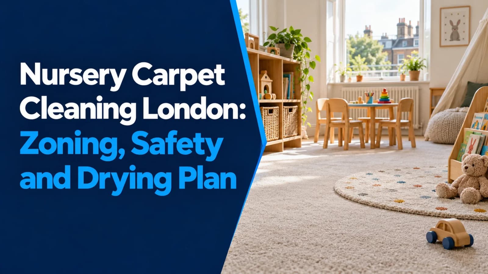 Unoccupied nursery carpet and low furniture beside the title Nursery Carpet Cleaning London: Zoning, Safety and Drying Plan