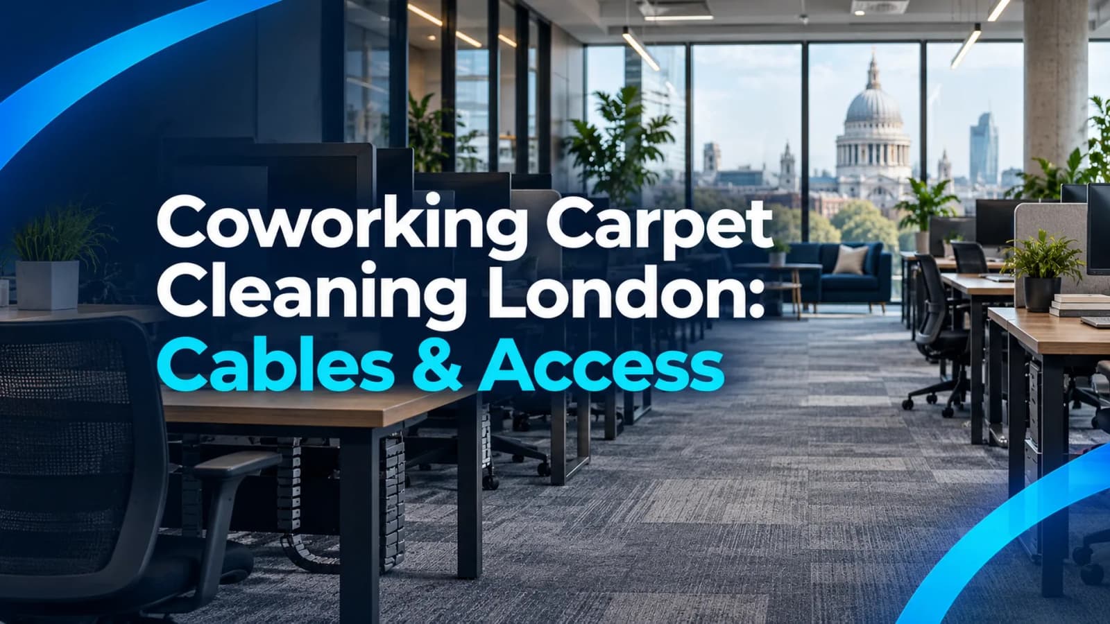 Coworking carpet cleaning London illustration: shared desks, carpet tiles and a clear aisle, with navy and cyan title text