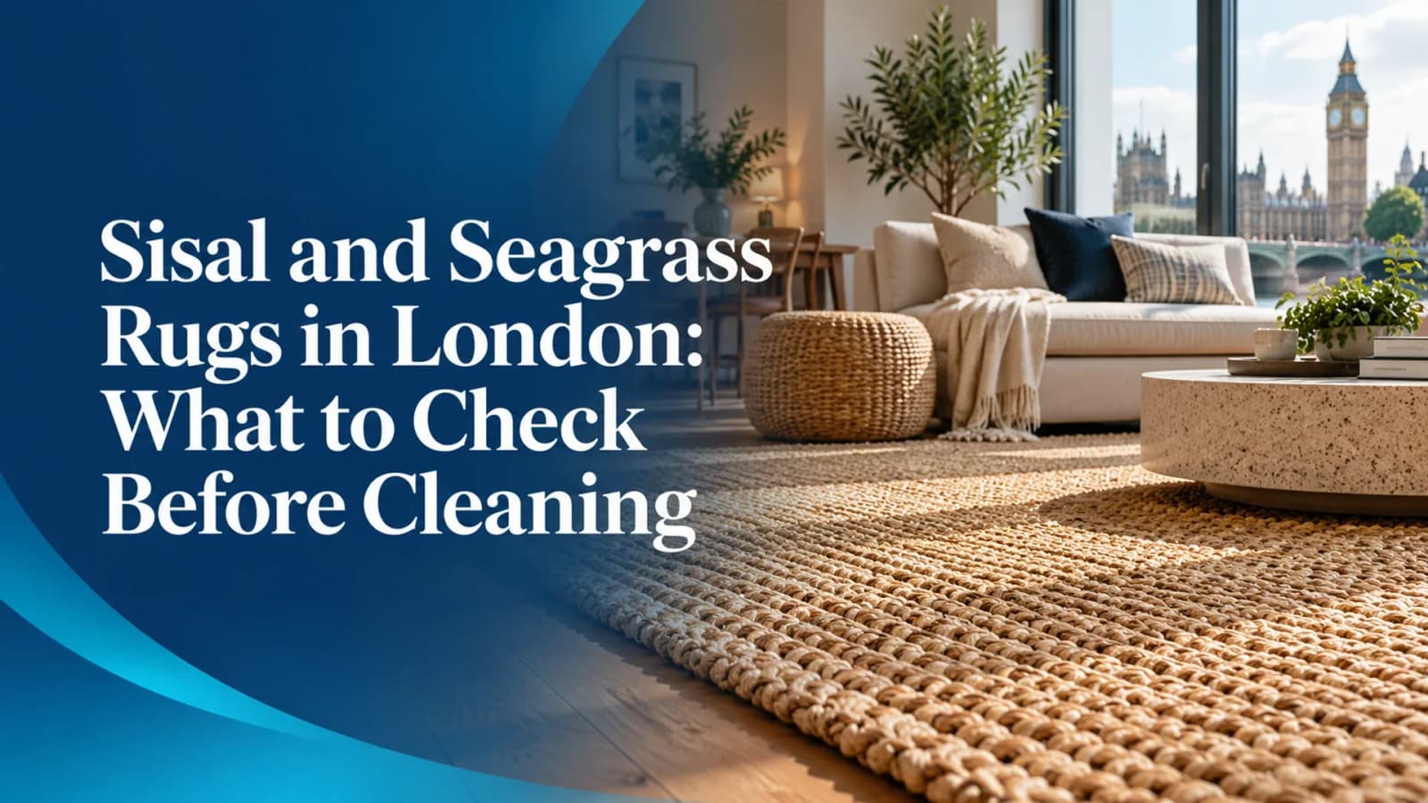 Sisal and seagrass rugs in a London living room, with the complete article title in navy and white