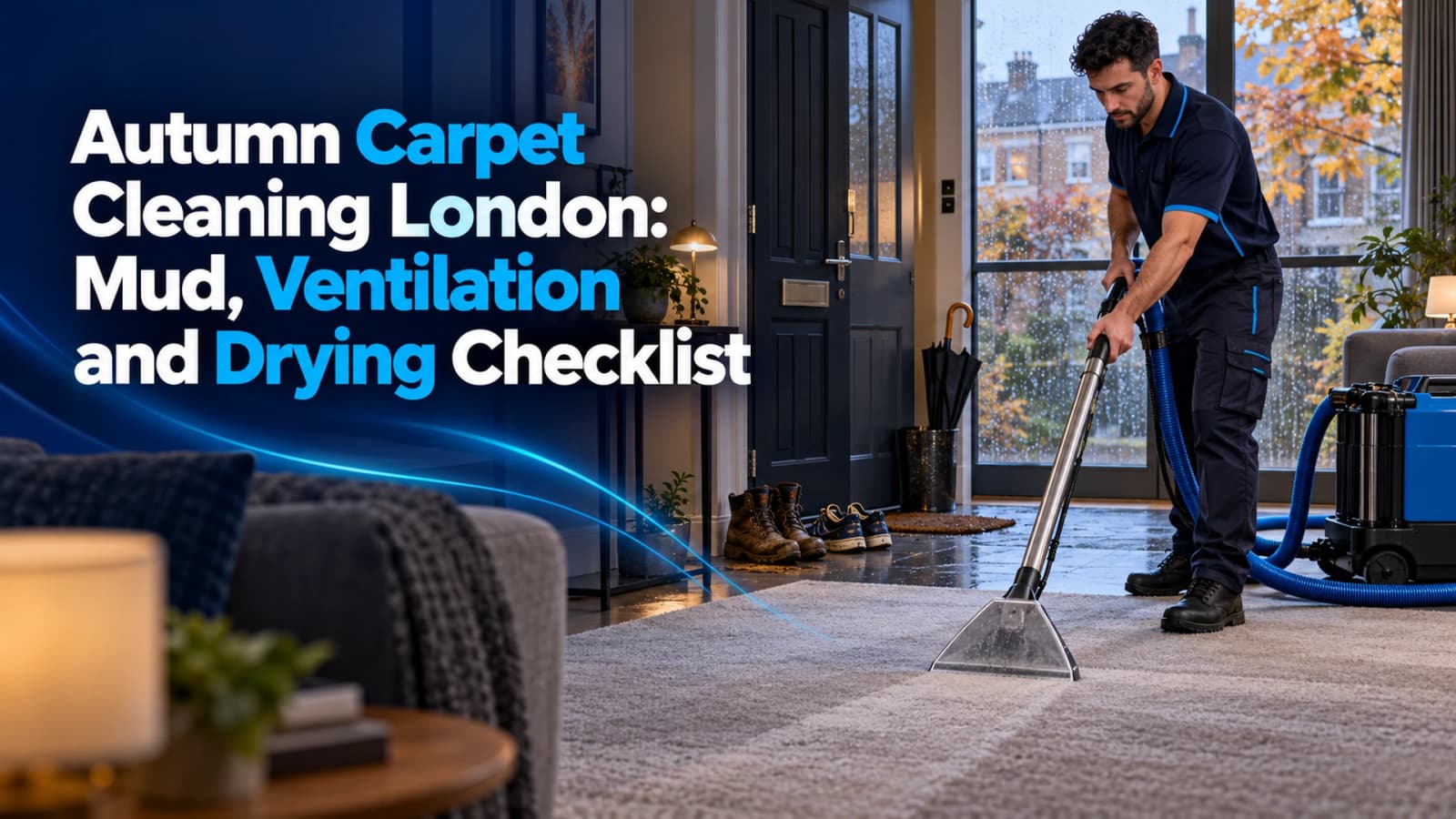 Autumn carpet cleaning London checklist with a professional cleaner, entrance matting and a realistic London home interior