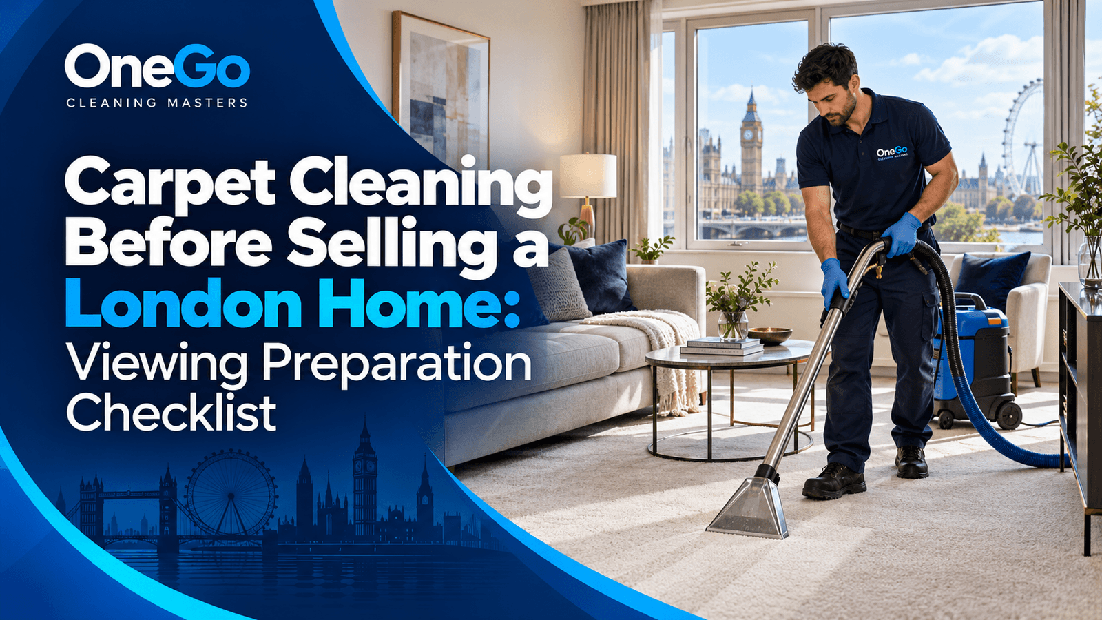 OneGo technician cleaning a bright London living-room carpet before property photographs and viewings.