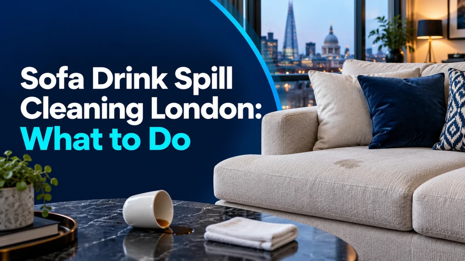 Sofa drink spill cleaning London guide: fabric sofa, small spill and white cloth beside a navy and cyan title panel