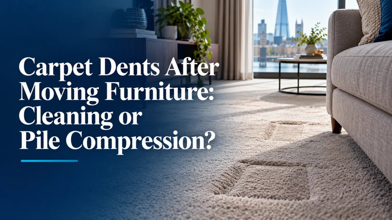 Carpet dents after moving furniture illustrated beside a sofa in a London living room, with the article title