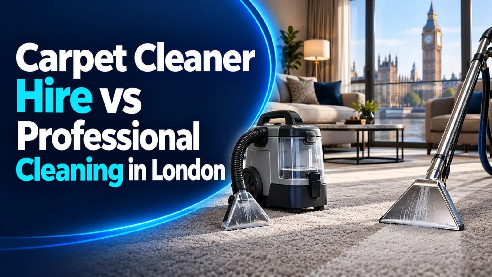 Carpet cleaner hire and professional cleaning equipment illustrated in a London living room with the article title