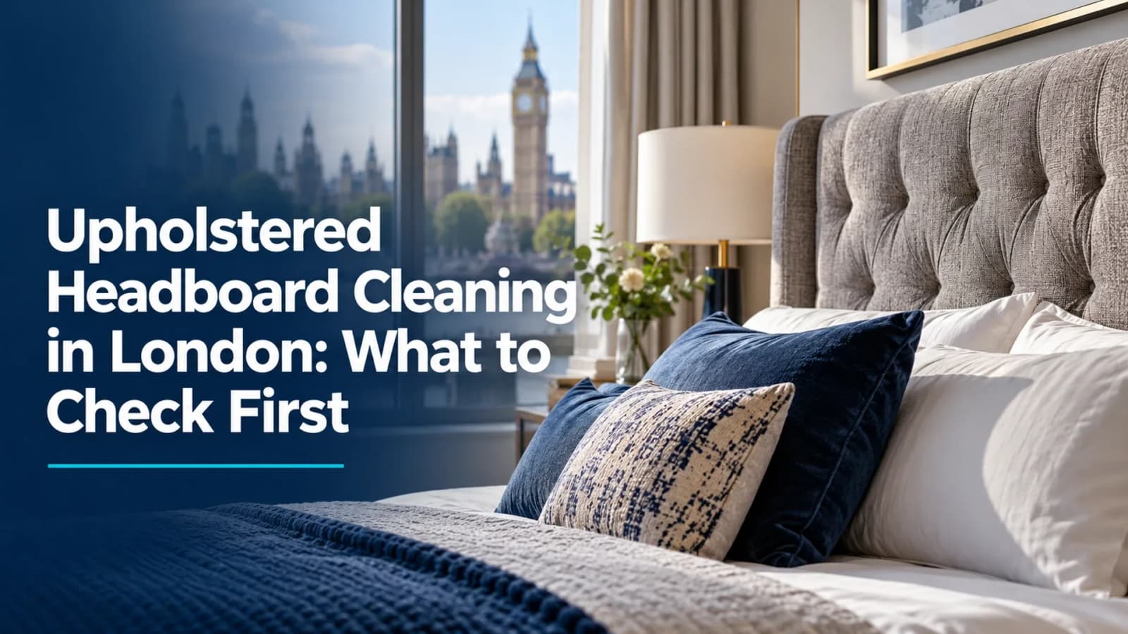 Upholstered headboard in a London bedroom with the complete article headline
