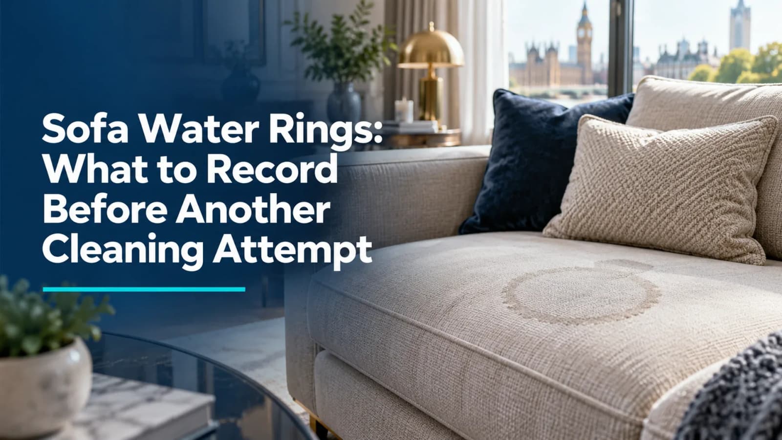 A subtle water ring on a fabric sofa cushion with the full article title