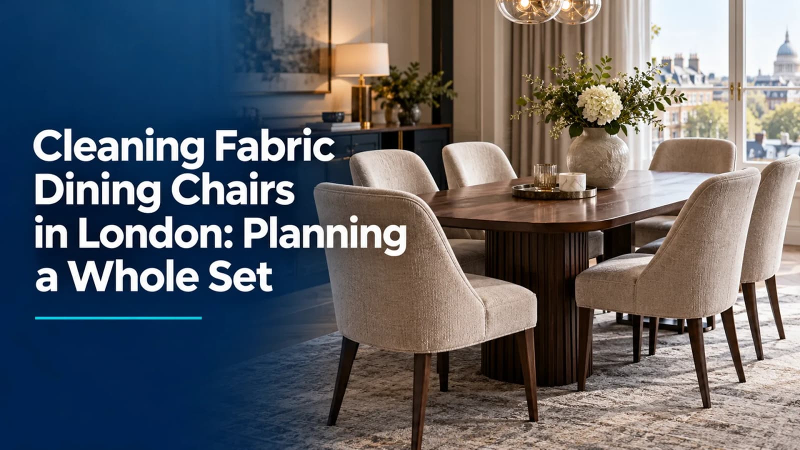 Fabric dining chairs around a London dining table with the full blog headline