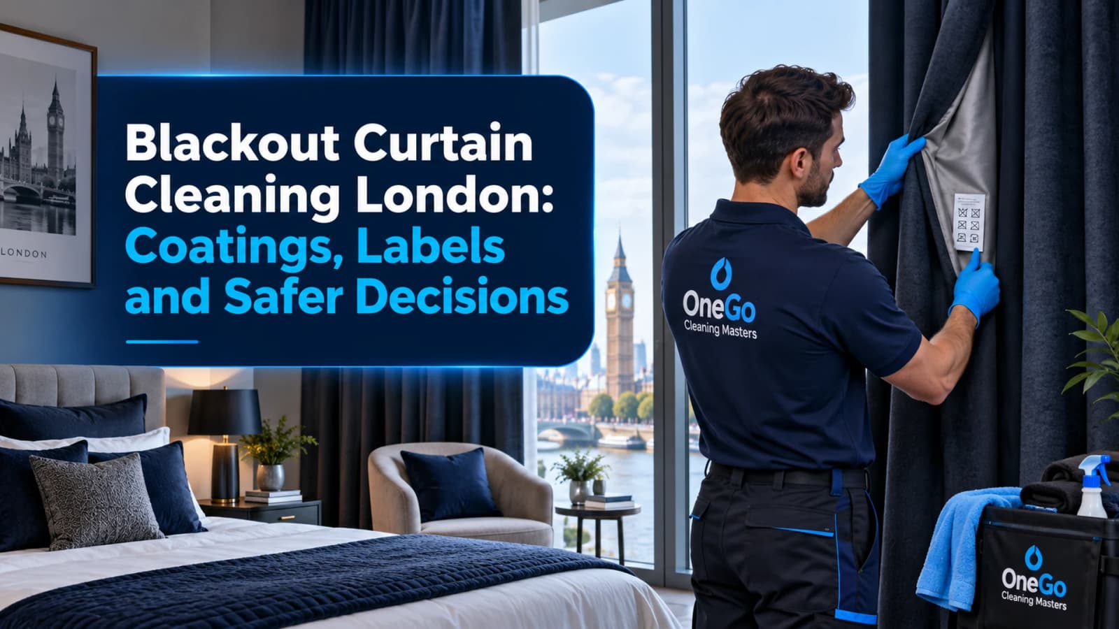 Branded OneGo guide image showing blackout curtains with the title Blackout Curtain Cleaning London: Coatings, Labels and Safer Choices