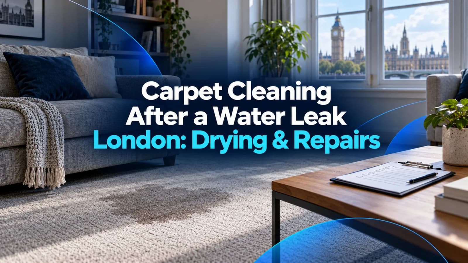 Carpet cleaning after a water leak London illustration: damp carpet patch and assessment clipboard in a living room