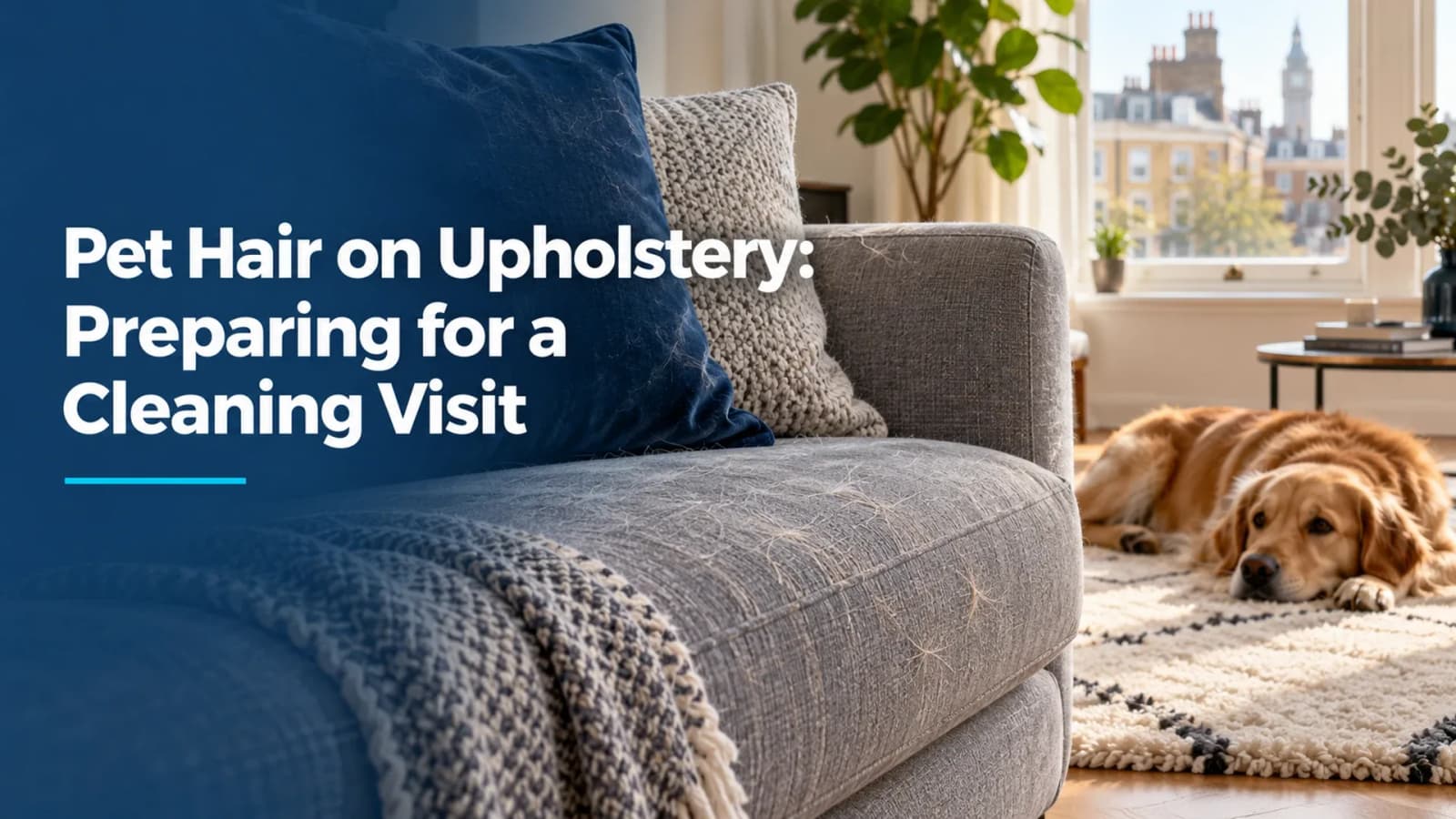 Pet hair on a sofa with a dog resting separately, beneath the full article headline