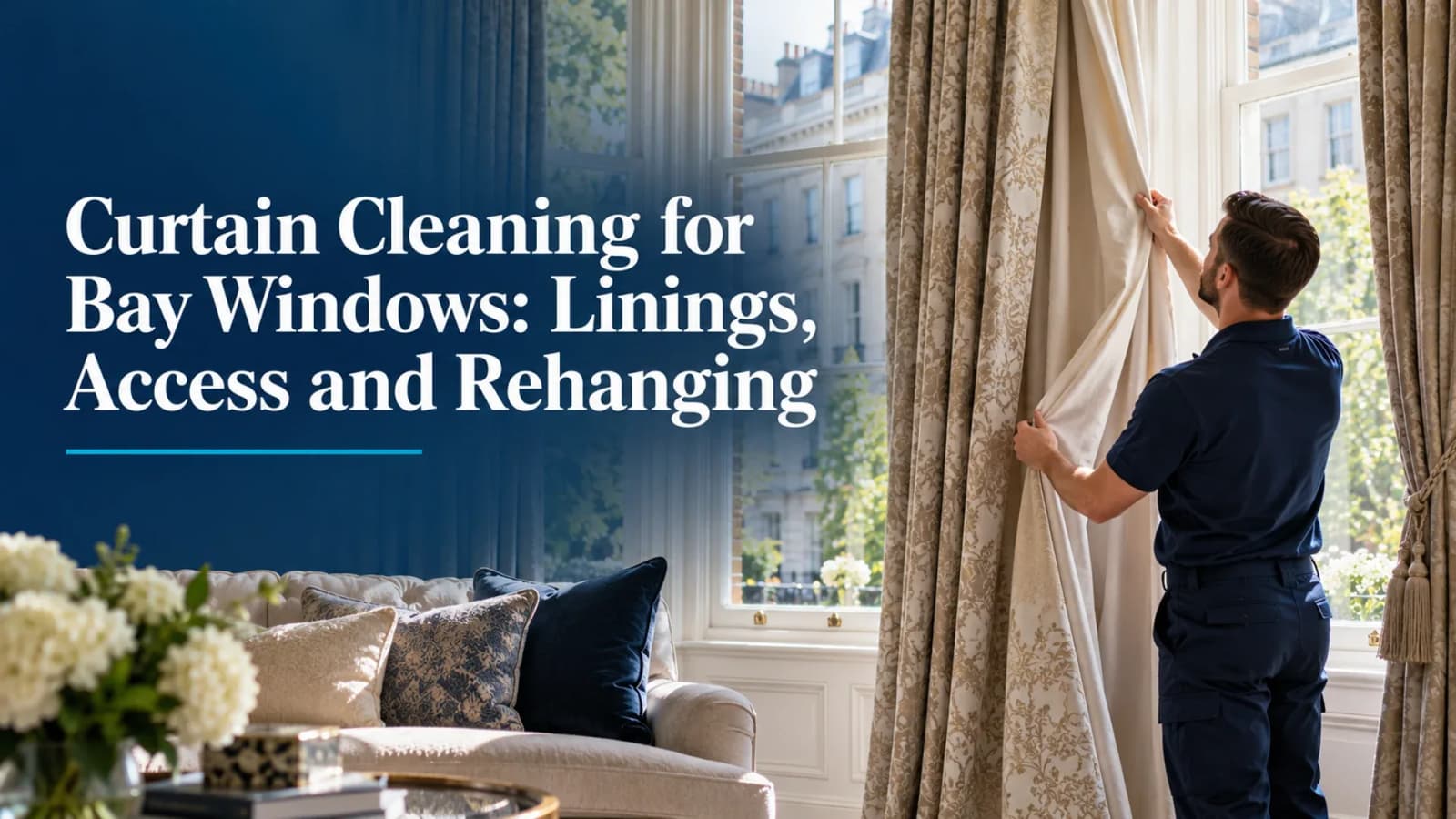 Bay window curtains with a visible lining in a London room, carrying the full article title