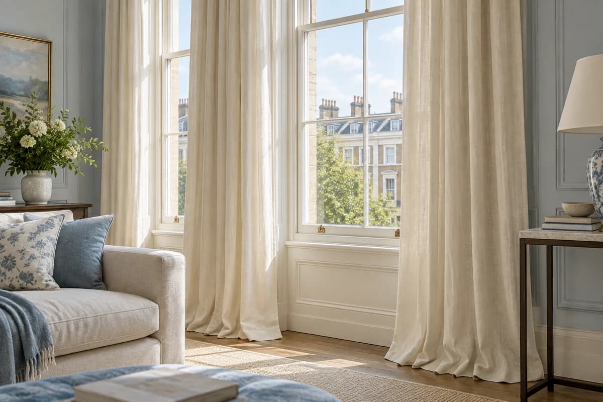 Illustration of floor-length cream curtains framing tall sash windows in a furnished sitting room.