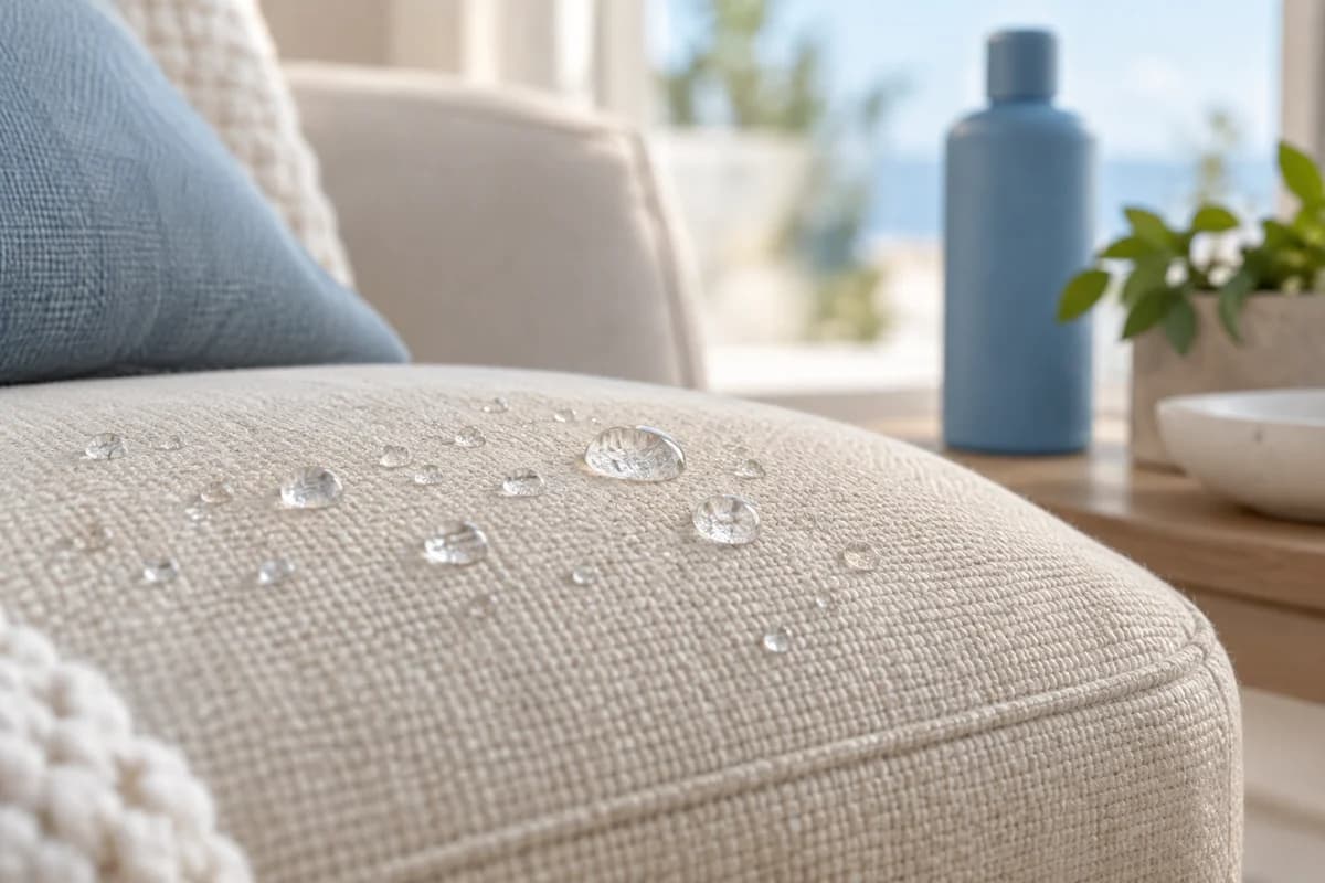 Illustration of water droplets beading on a light fabric sofa cushion, used to explain optional fabric protection.