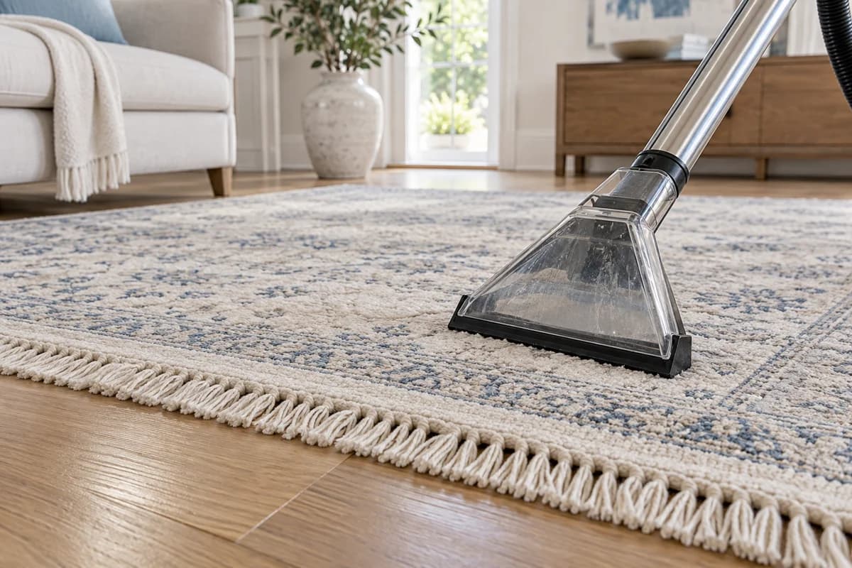 Illustration of an extraction head on a cream and blue patterned rug with fringed edges, laid on a wooden floor.