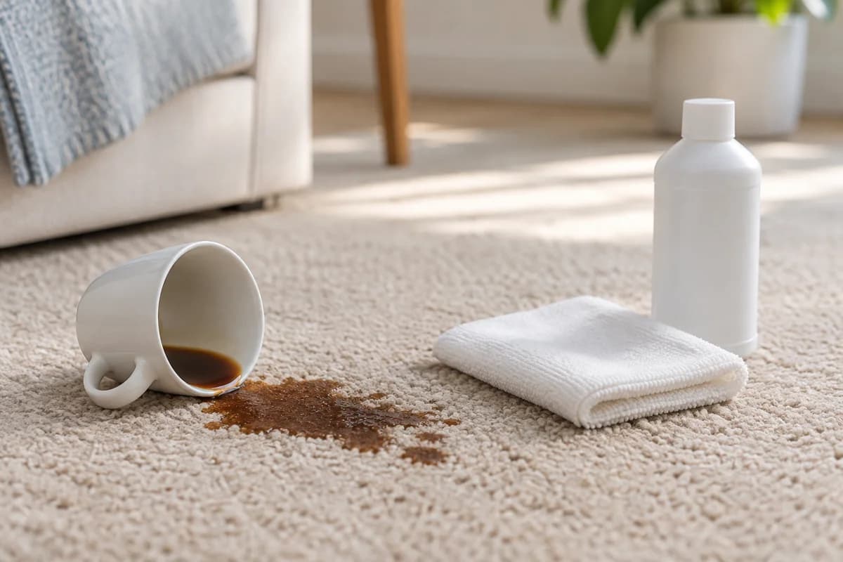 Illustration of a tipped coffee cup and brown spill on a pale carpet, beside a folded white cloth.