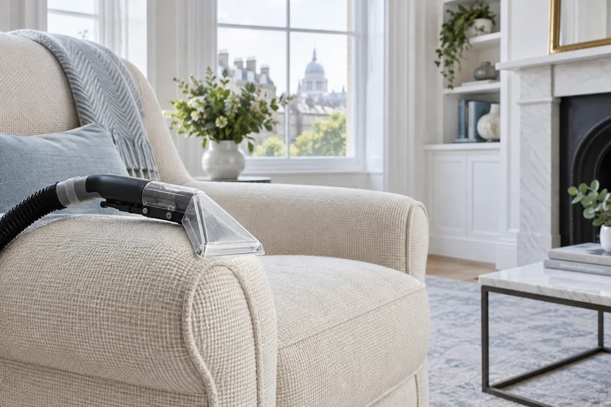 Illustration of an upholstery extraction tool on a cream fabric armchair beside a sitting room window.