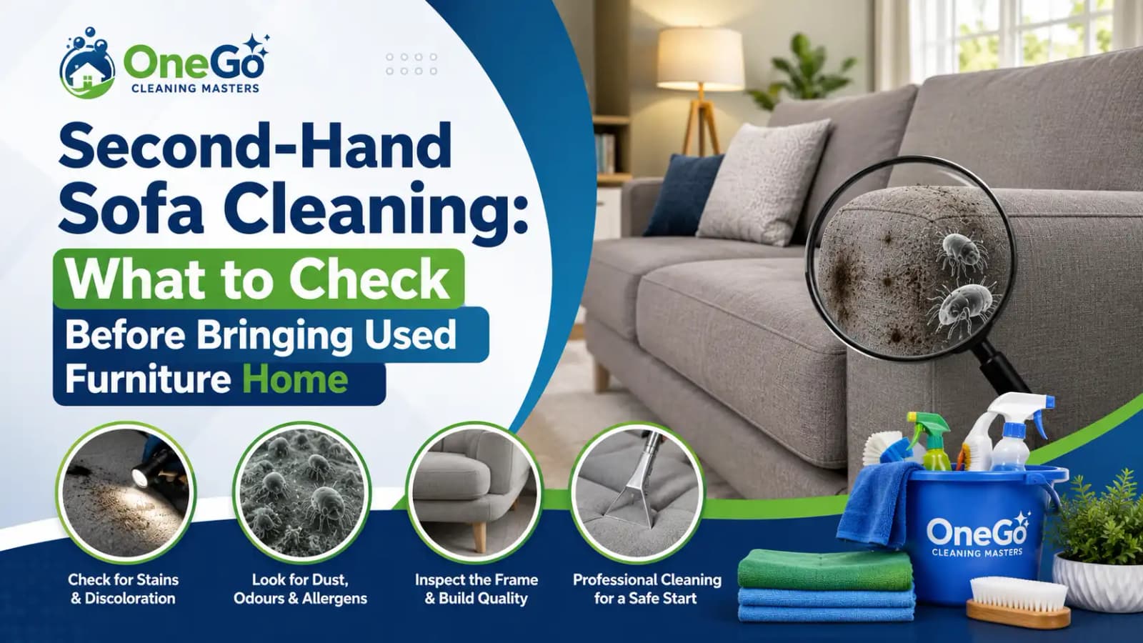 Person checking the seam and care label before second-hand sofa cleaning