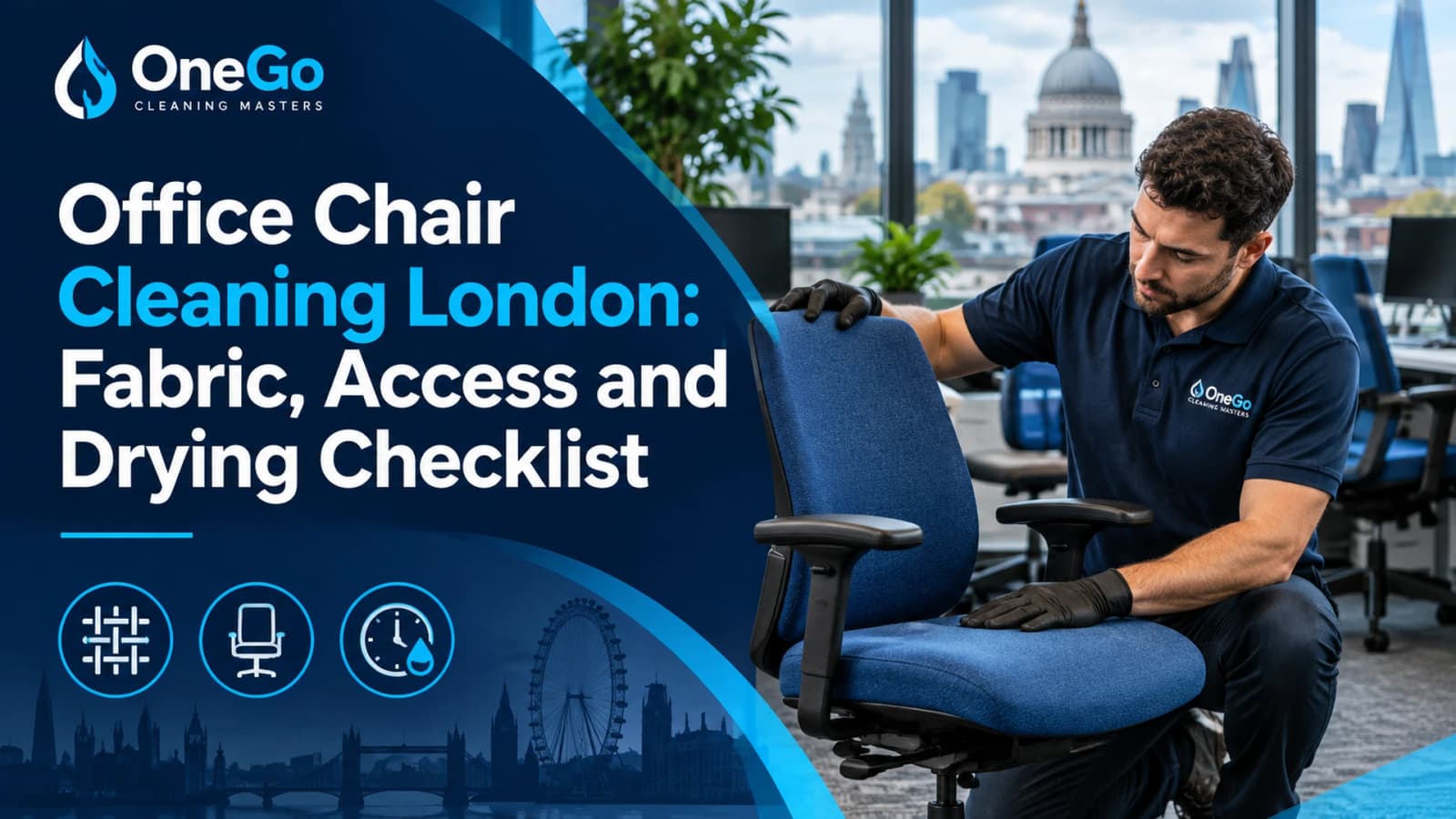 Office chair cleaning London technician inspecting blue fabric task chairs