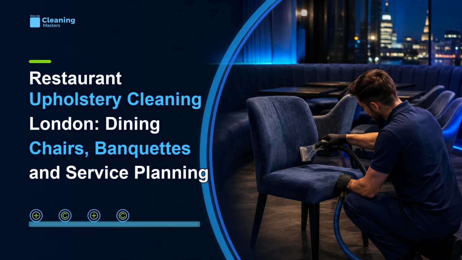 Restaurant upholstery cleaning London technician cleaning a dining chair beside blue banquette seating