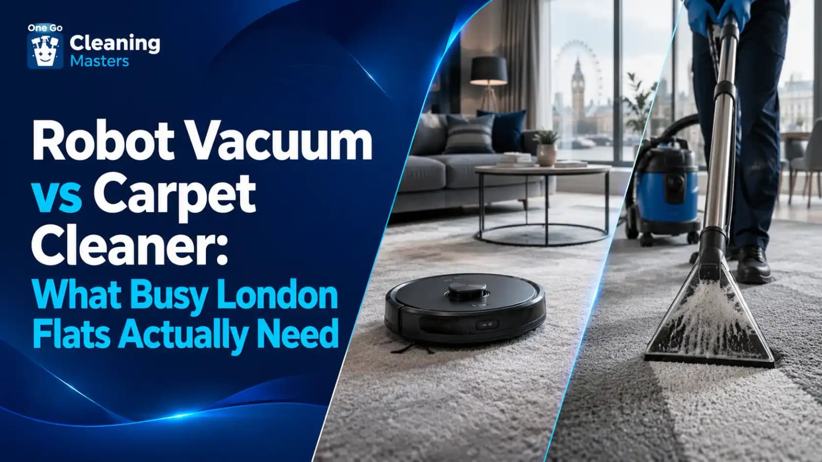 Robot vacuum vs carpet cleaner comparison for London flats, covering daily dust, rental machines, stains, odours and professional deep carpet cleaning.