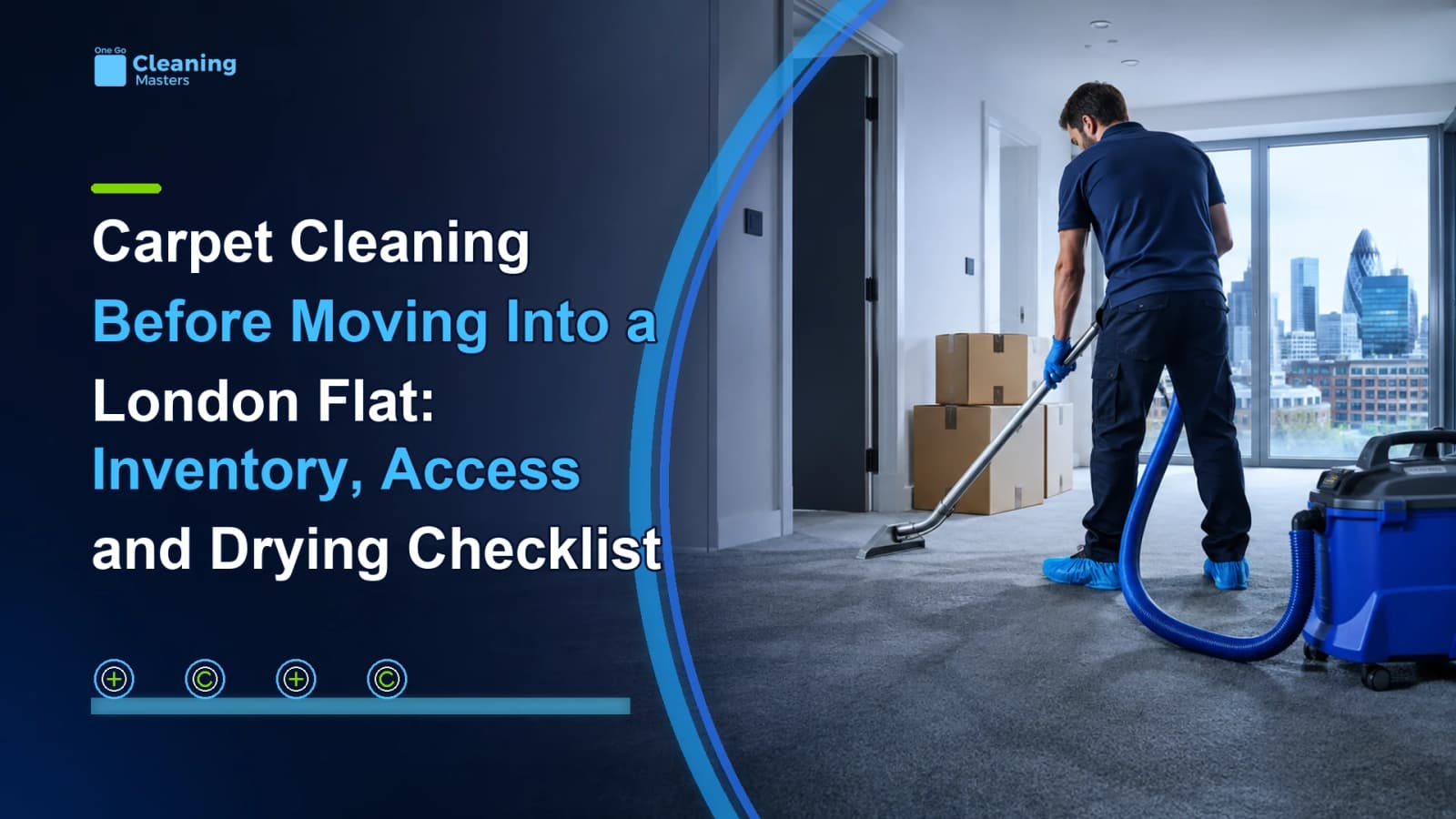 Carpet cleaning before moving in London flat with inventory boxes and professional equipment