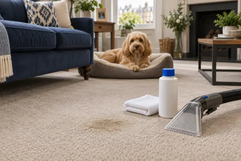 Service illustration: Carpet assessment scene in a home with a pet.