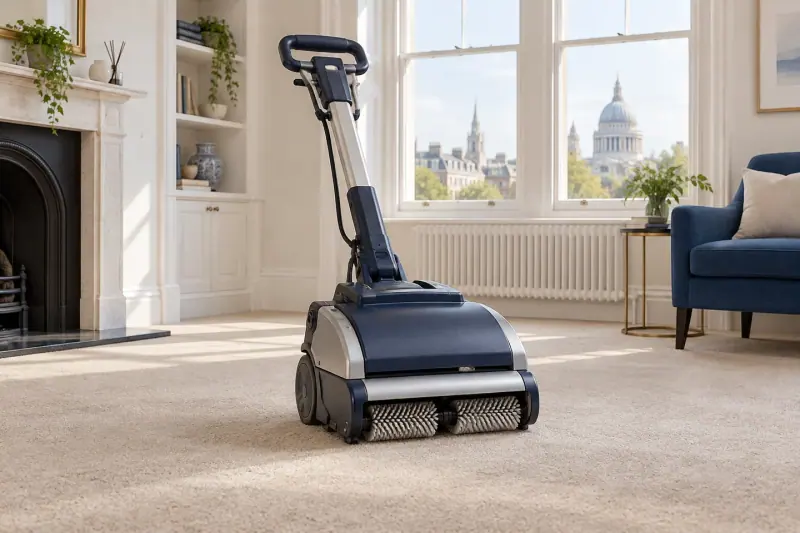 Service illustration: Low-moisture brush machine on a fitted carpet.