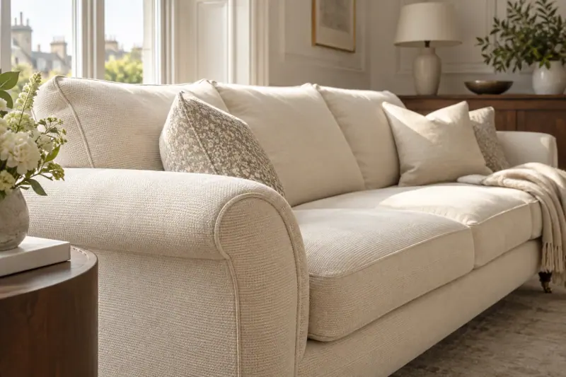 Service illustration: Fabric sofa care in a furnished sitting room.