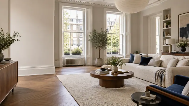 Service illustration: Carpet and fabric seating in a furnished sitting room.