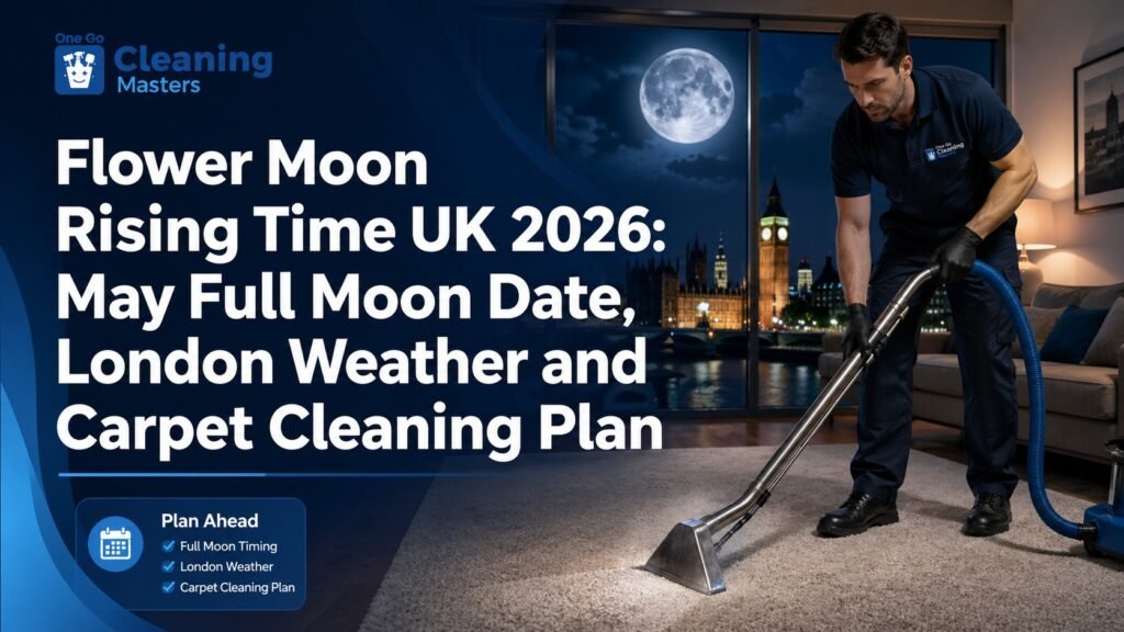 Flower Moon rising time UK 2026, May full moon dates, London weather and carpet cleaning advice for homes, flats and rentals.