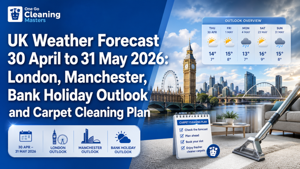 UK weather forecast 30 April to 31 May 2026 with London, Manchester, Bank Holiday outlook and carpet cleaning advice.