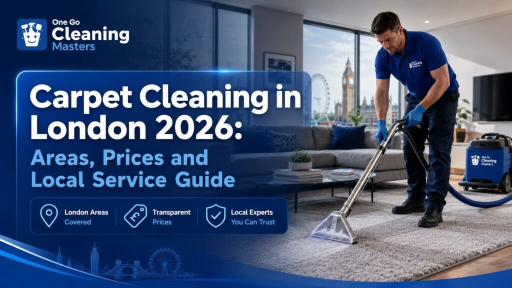 Carpet cleaning in London 2026 guide for homes, flats, offices, rugs, pets, prices and local areas with OneGo Cleaning Masters.