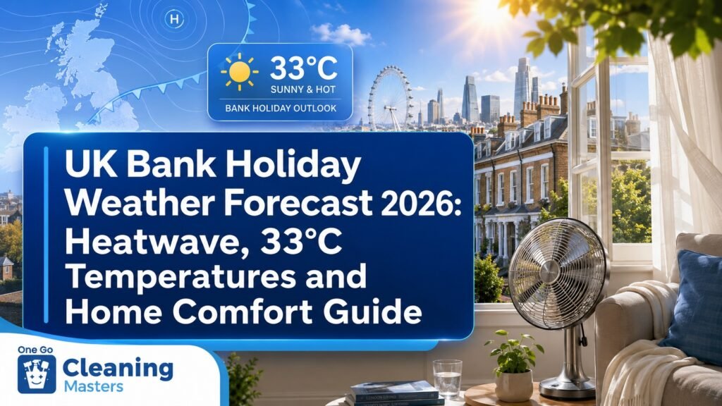 UK bank holiday weather forecast 2026 with heatwave, 33°C temperatures, London, Manchester, Bristol and home comfort advice.