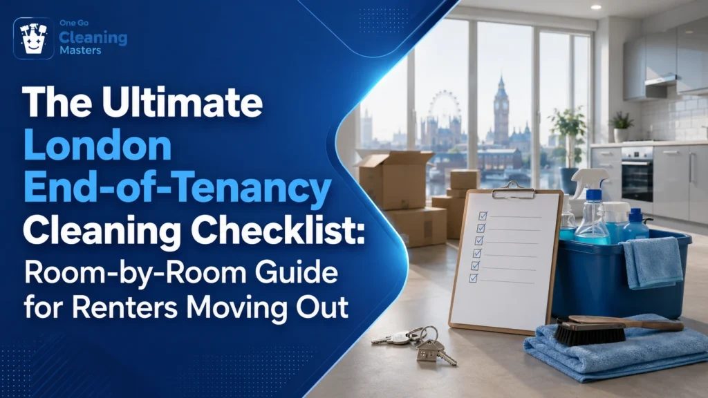 Room-by-room London end-of-tenancy cleaning checklist for renters moving out, covering kitchen, bathroom, carpets, deposit tips and cleaning tasks.