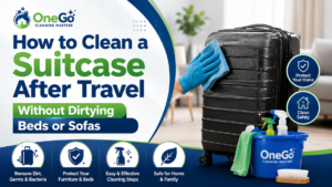 Open suitcase on an easy-to-clean floor beside a laundry basket after travel