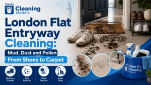 Clean London flat entryway with doormat, shoe storage and carpet runner