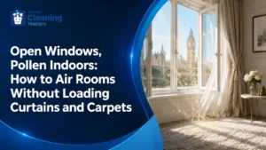 Open windows pollen indoors guide for London homes covering curtains, carpets, mattresses, forecast-led airing and hay-fever season cleaning.