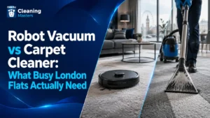 Robot vacuum vs carpet cleaner comparison for London flats, covering daily dust, rental machines, stains, odours and professional deep carpet cleaning.