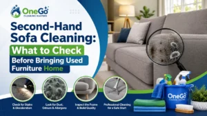 Person checking the seam and care label before second-hand sofa cleaning