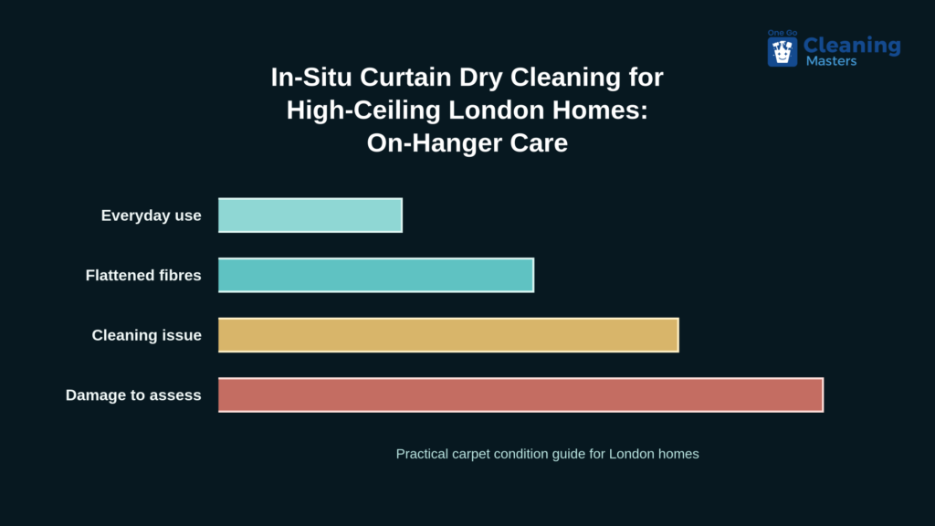 Professional in-situ curtain dry cleaning on hanging rail in a high-ceiling London period home