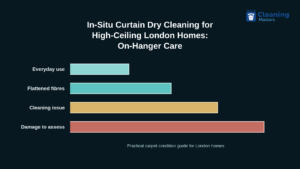 Professional in-situ curtain dry cleaning on hanging rail in a high-ceiling London period home