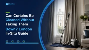 Curtain cleaning without taking down in a bright London living room