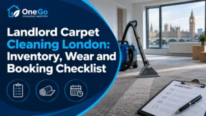 Landlord carpet cleaning London in an empty flat with an inventory clipboard