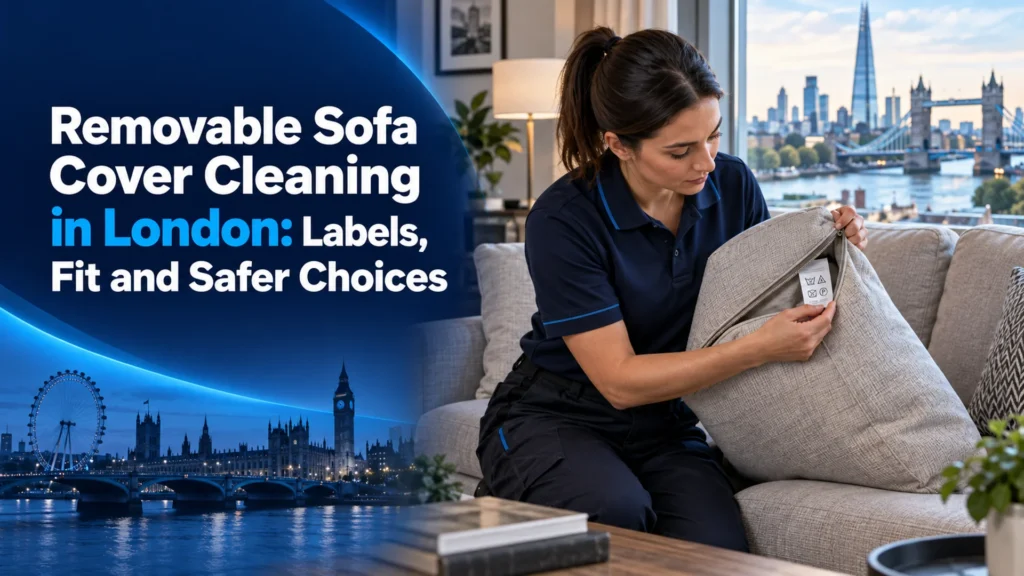 Professional inspecting a removable sofa cushion care label in a London home beside a neutral-coloured sofa.