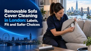 Professional inspecting a removable sofa cushion care label in a London home beside a neutral-coloured sofa.
