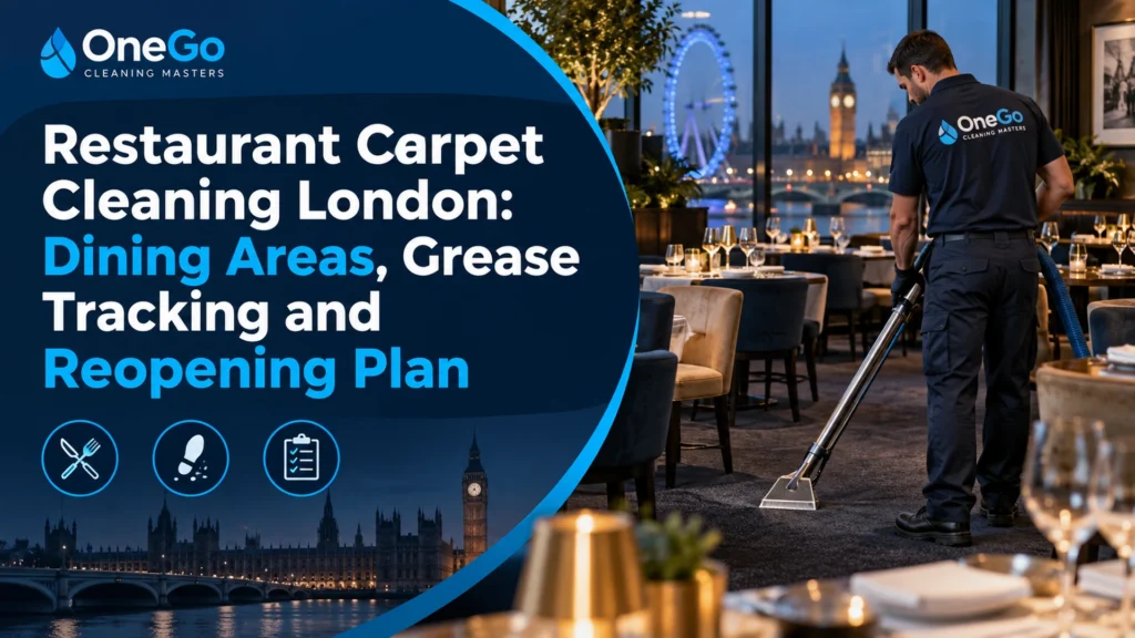 Restaurant carpet cleaning London technician treating a dining-area carpet after service